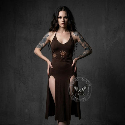 Gothic Sun-Print Slim-Fit Slit Halter Dress