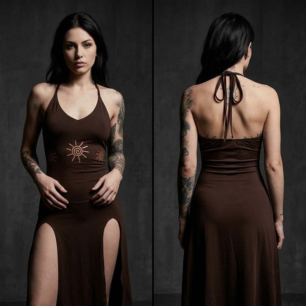 Gothic Sun-Print Slim-Fit Slit Halter Dress