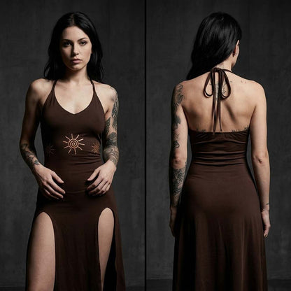 Gothic Sun-Print Slim-Fit Slit Halter Dress