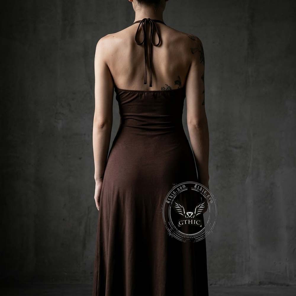 Gothic Sun-Print Slim-Fit Slit Halter Dress