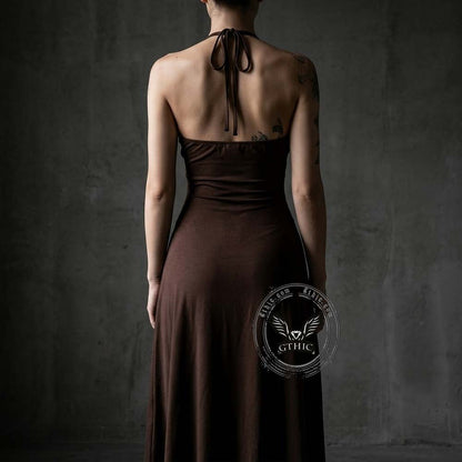 Gothic Sun-Print Slim-Fit Slit Halter Dress