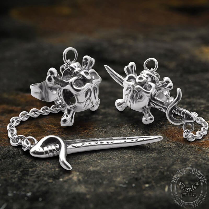 Gothic Sword Crossbone Skull Stud Earrings in Stainless Steel