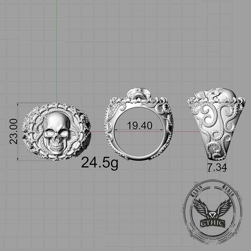Gothic Tentacle Skull Head Sterling Silver Ring