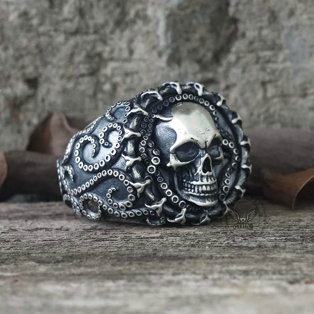 Gothic Tentacle Skull Head Sterling Silver Ring