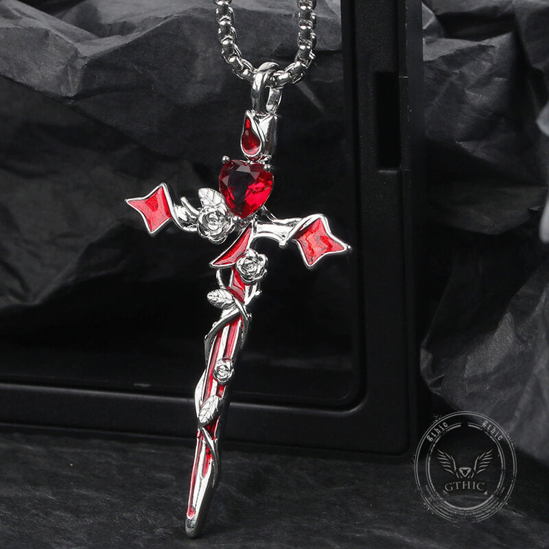 Gothic Thorn Rose Heart Gem Cross Pendant in Copper
