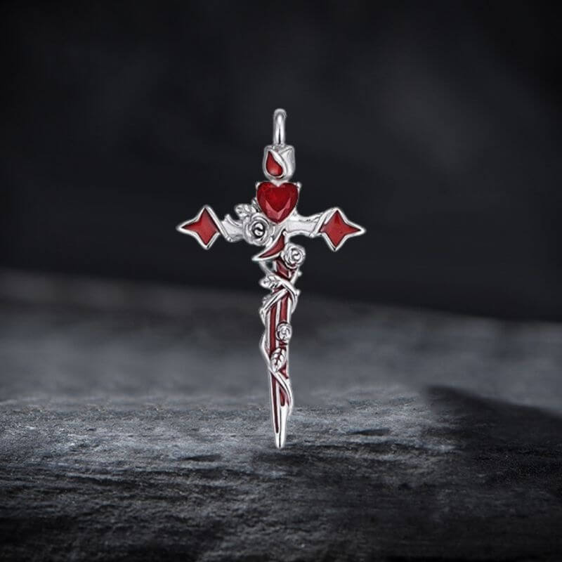 Gothic Thorn Rose Heart Gem Cross Pendant in Copper