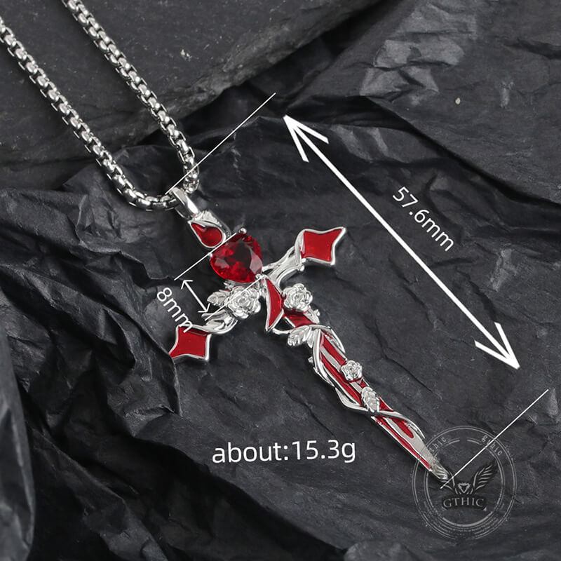 Gothic Thorn Rose Heart Gem Cross Pendant in Copper