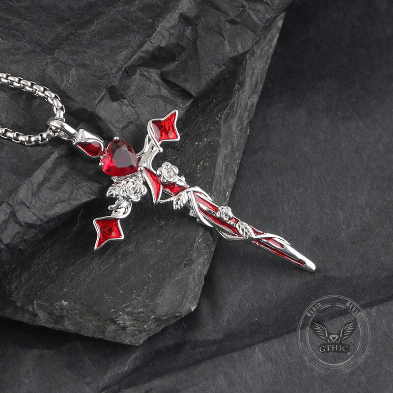 Gothic Thorn Rose Heart Gem Cross Pendant in Copper