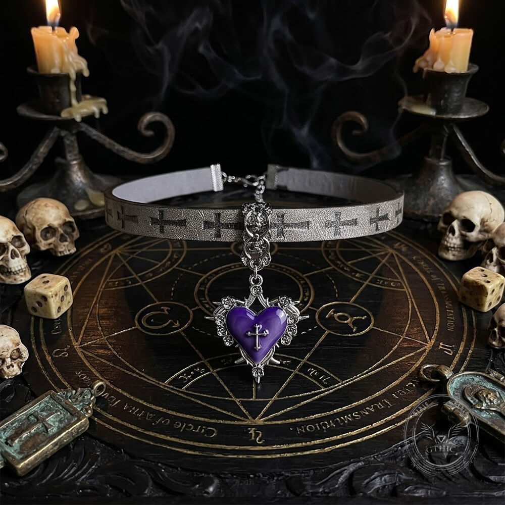 Gothic Thorned Heart Cross PU Leather Choker Necklace