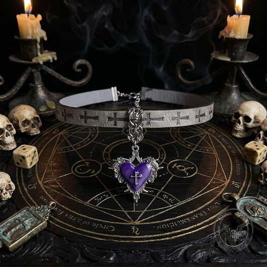 Gothic Thorned Heart Cross PU Leather Choker Necklace