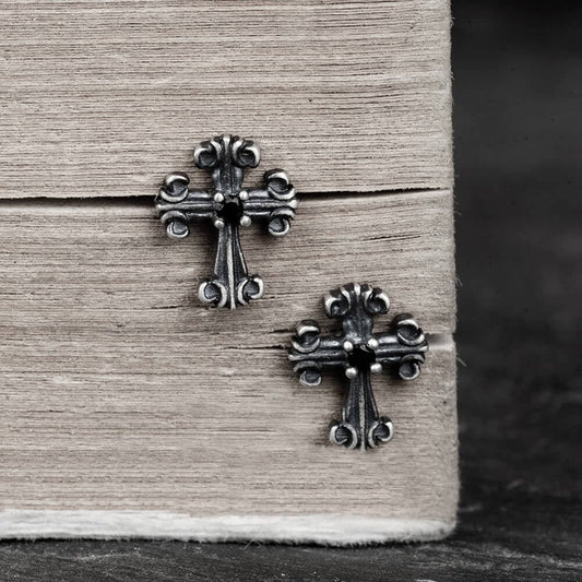 Gothic Victorian Cross Stud Earrings in Sterling Silver
