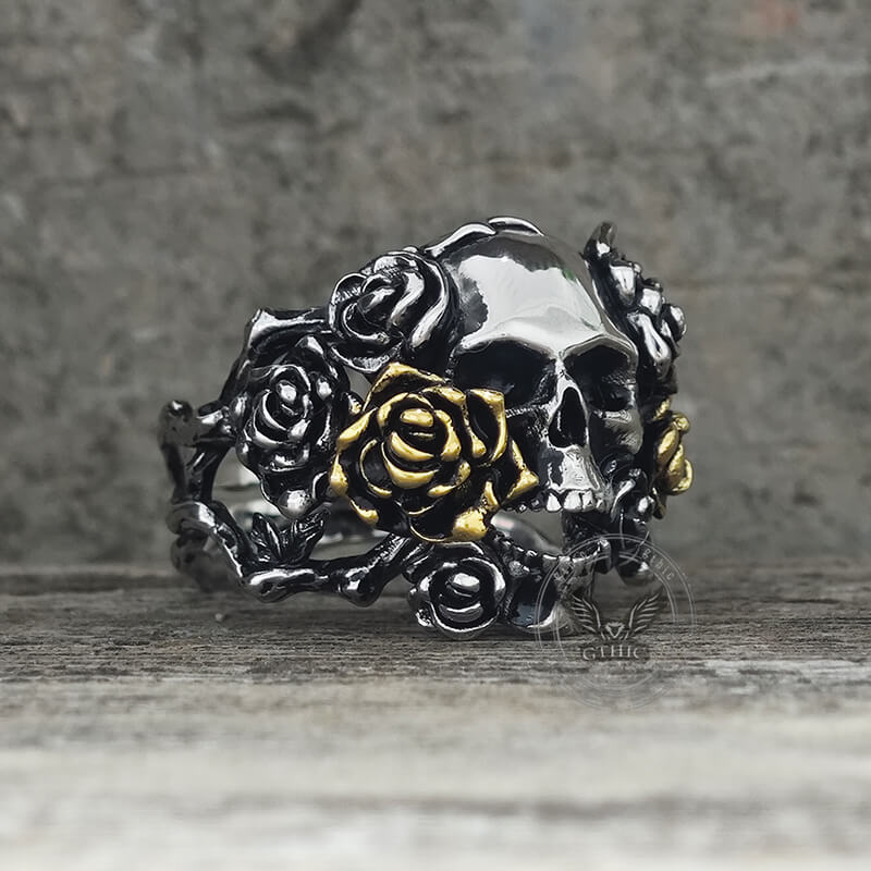 Gothic Vine Rose Skull Gem Sterling Silver Ring