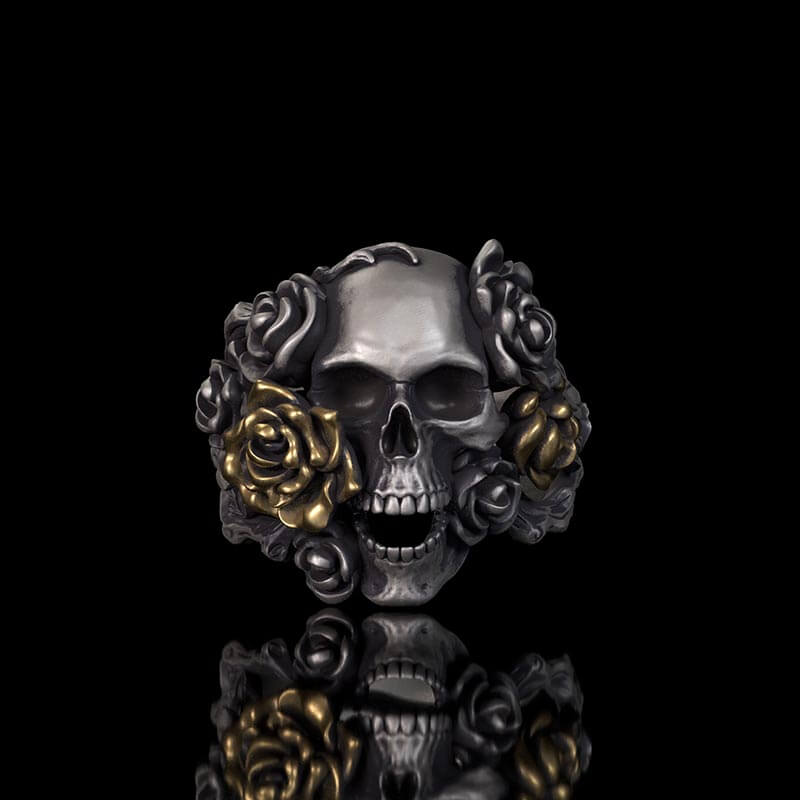 Gothic Vine Rose Skull Gem Sterling Silver Ring