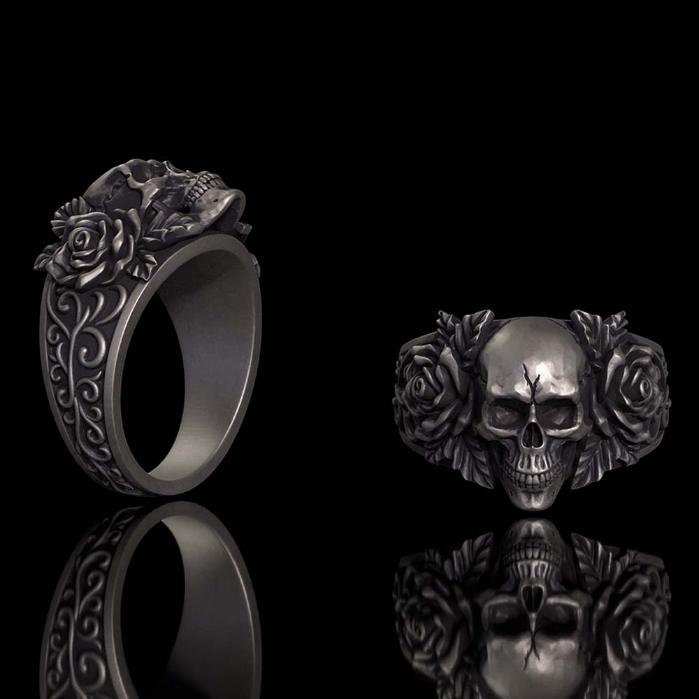 Gothic Vine Rose Skull Sterling Silver Ring