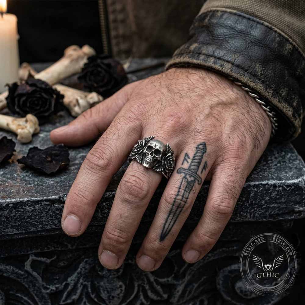 Gothic Vine Rose Skull Sterling Silver Ring