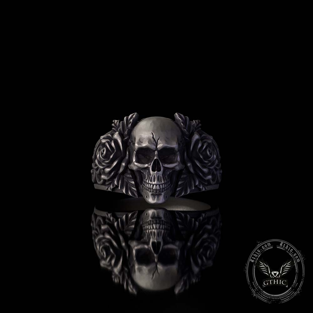 Gothic Vine Rose Skull Sterling Silver Ring