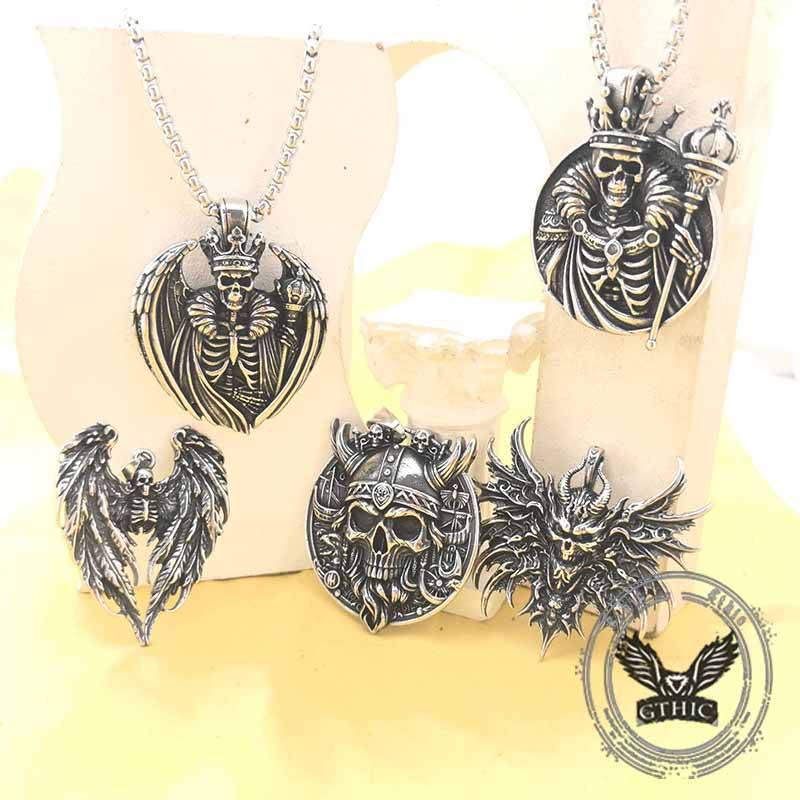 Gothic Wings Skull Viking Pendant in Stainless Steel