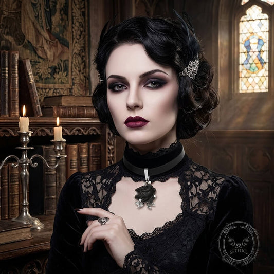 Gothic Wooden Rose Flower Design Alloy Choker Necklace