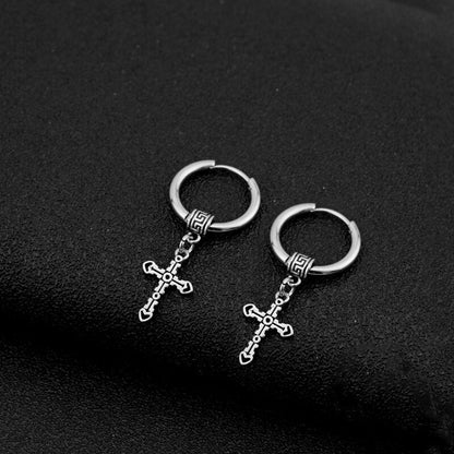 Great Wall Pattern Cross Hoop Earrings in Stainless Steel