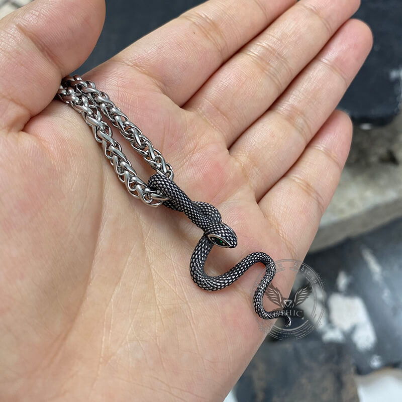 Green Eye Snake Pendant in Stainless Steel