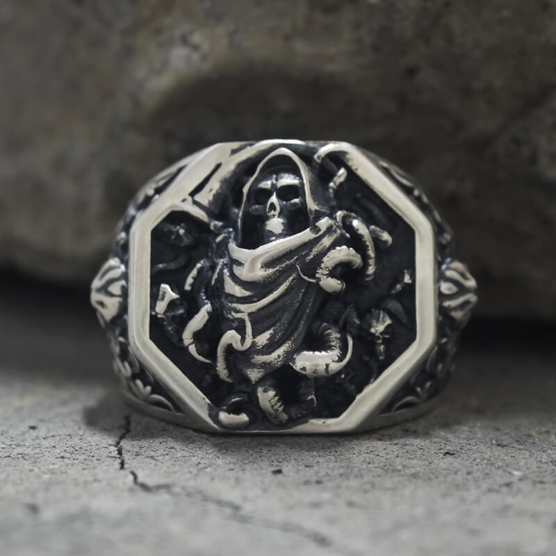 Grim Reaper Scythe Skull Tentacle Sterling Silver Ring