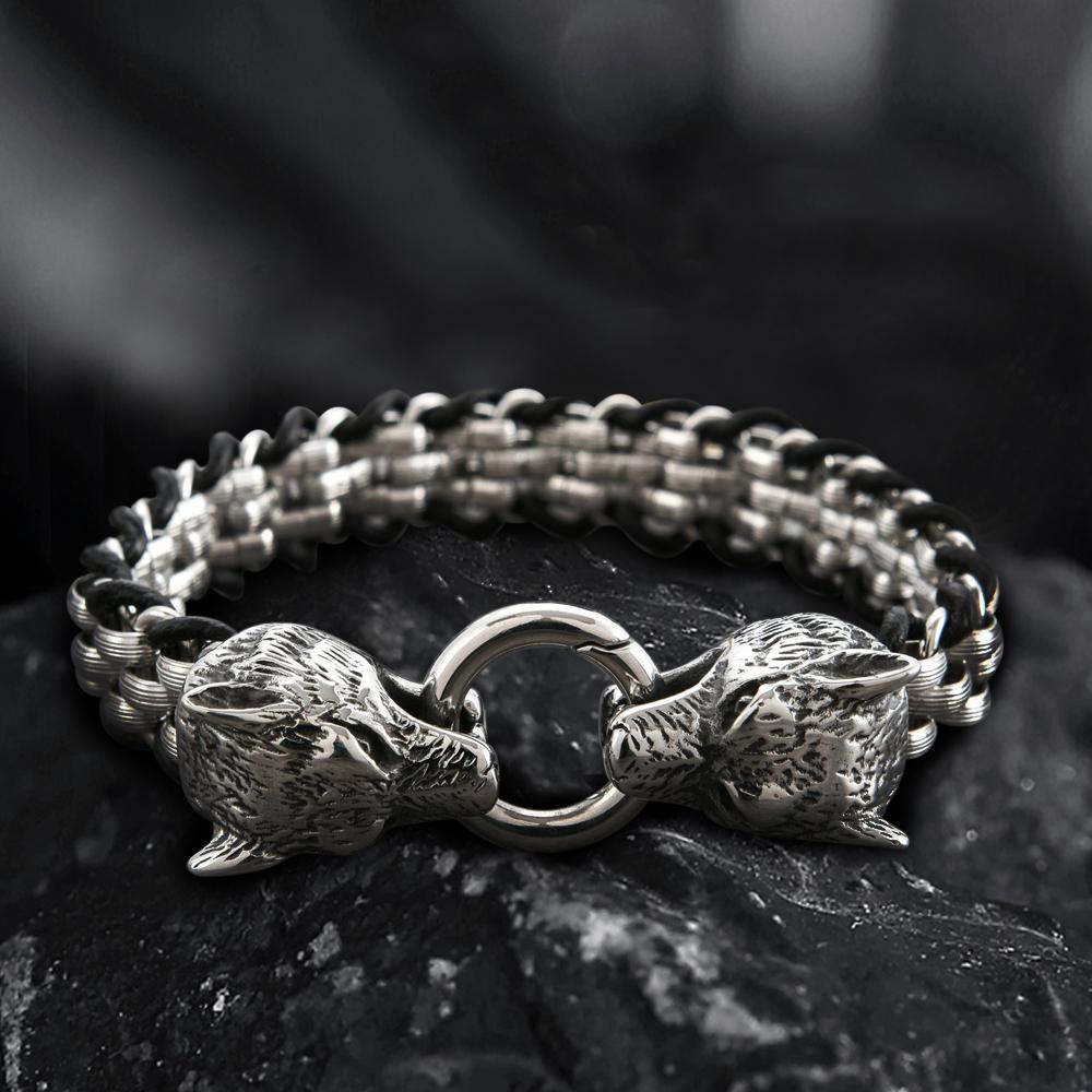Double Wolf Head Buckle Stainless Steel Braided Bracelet