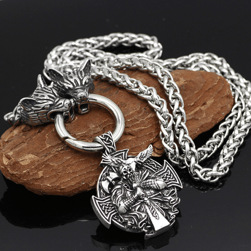 Odin Wolf Raven Viking Necklace in Stainless Steel