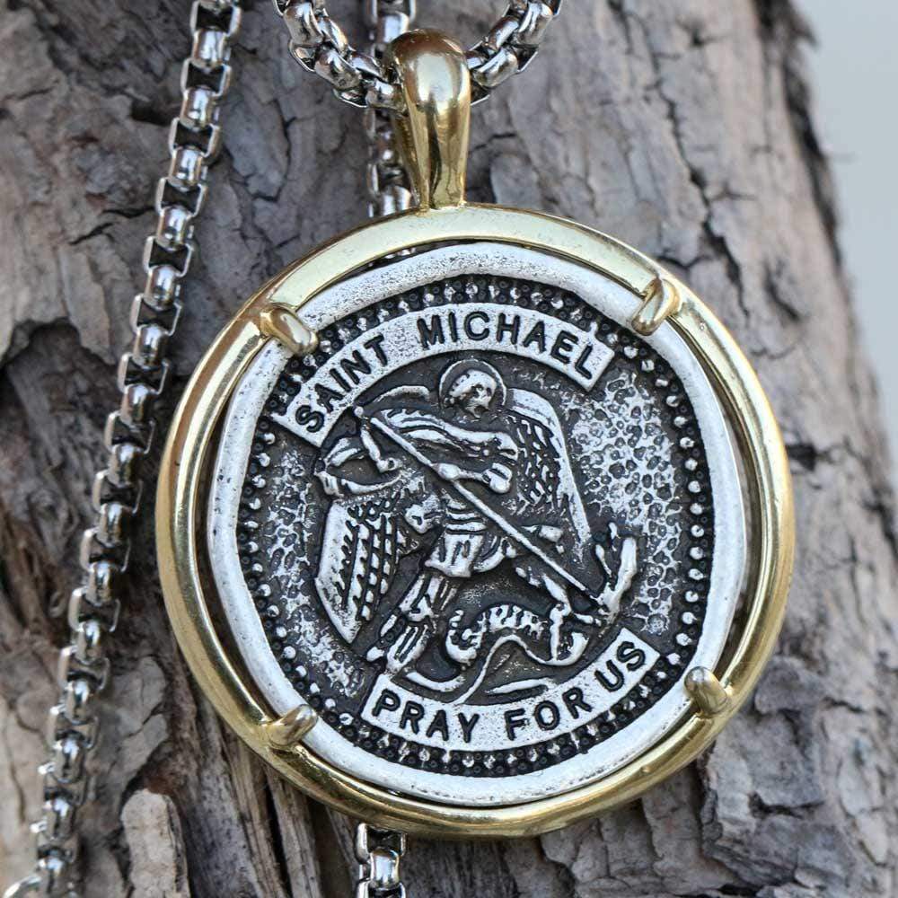 Archangel Saint Michael Coin Necklace in Stainless Steel
