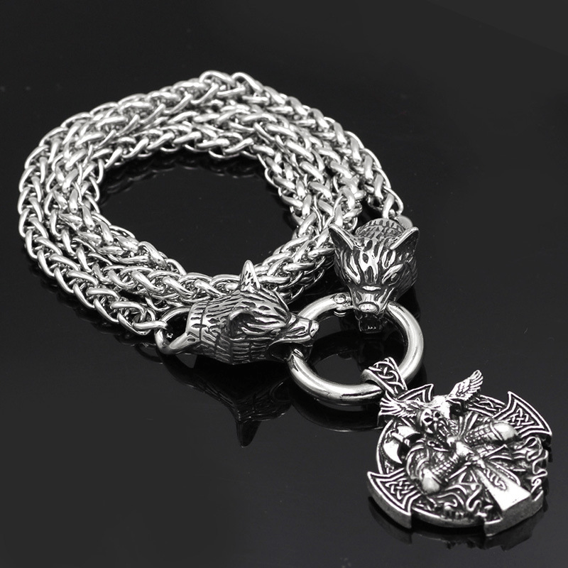 Odin Wolf Raven Viking Necklace in Stainless Steel
