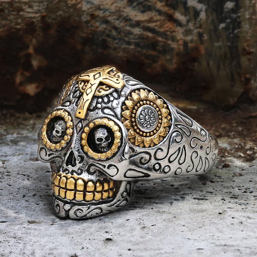 Vintage Cross Sugar Skull Ring