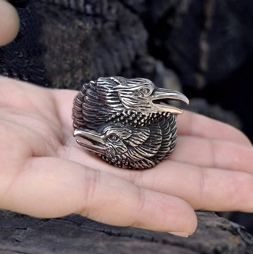 Odin Ravens Huginn and Munin Viking Ring in Stainless Steel