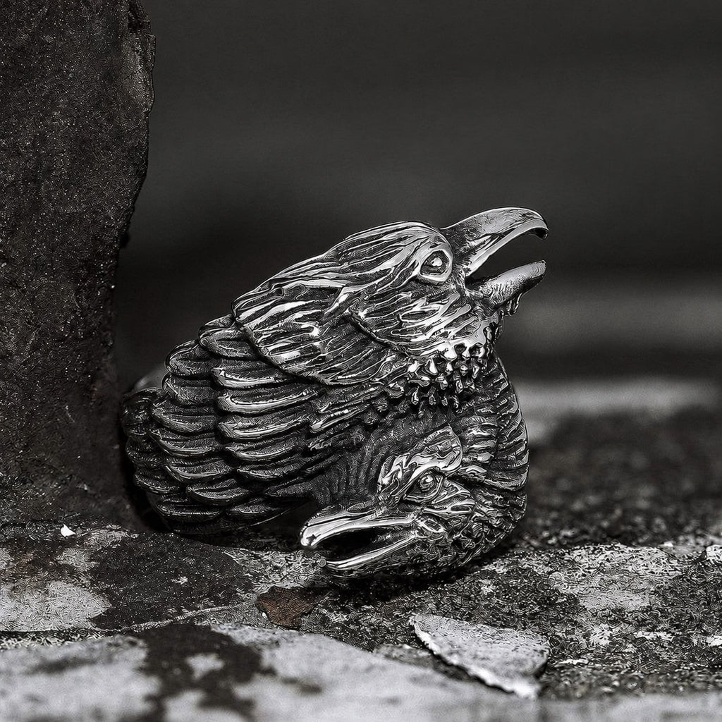 Odin Ravens Huginn and Munin Viking Ring in Stainless Steel