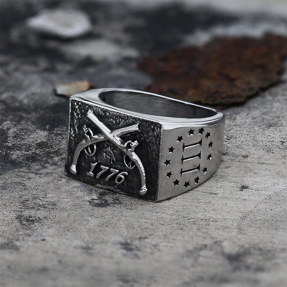 1776 Crossed Guns Ring in Stainless Steel