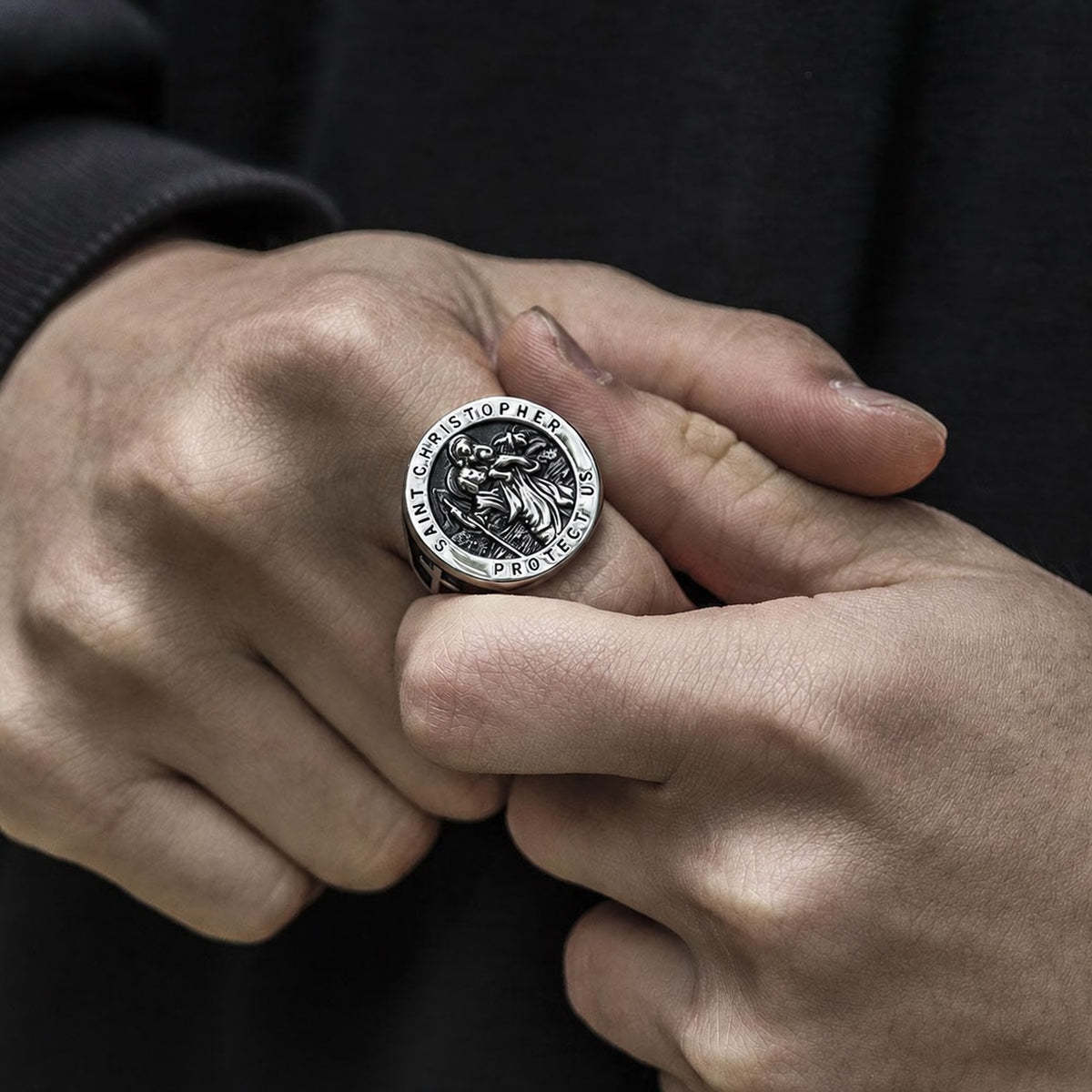 Saint Christopher Protect Us Cross Ring in Stainless Steel