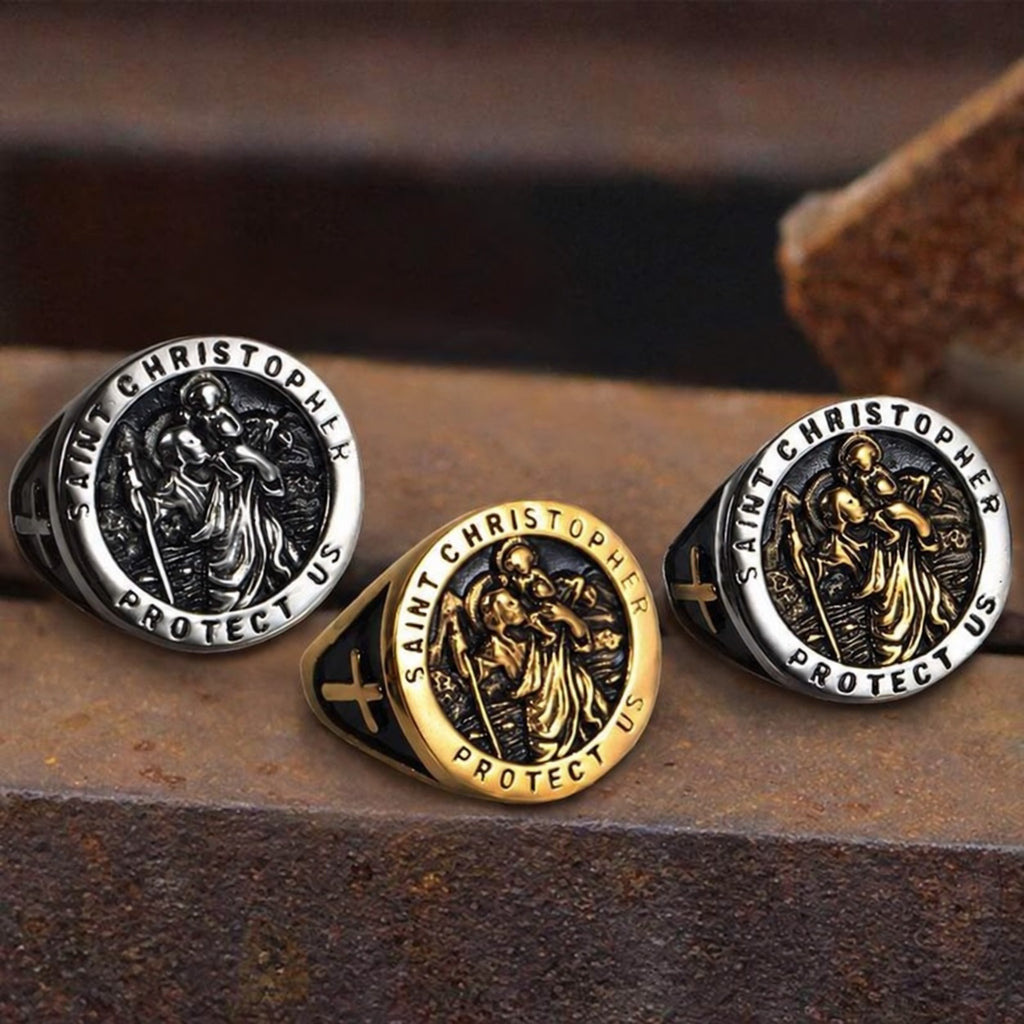 Saint Christopher Protect Us Cross Ring in Stainless Steel