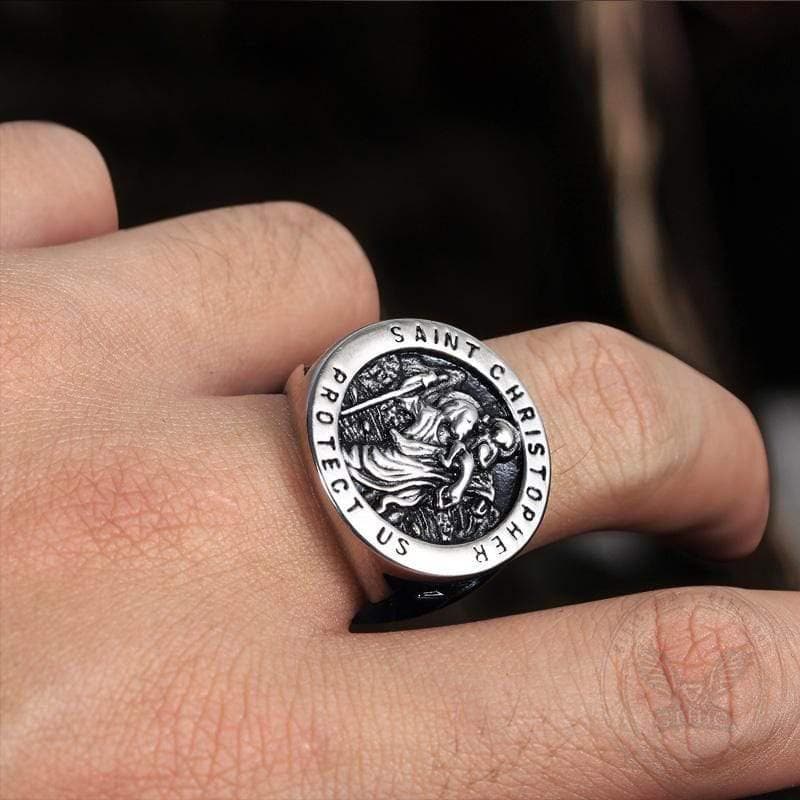 Saint Christopher Protect Us Cross Ring in Stainless Steel