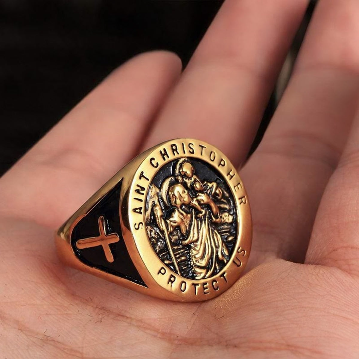 Saint Christopher Protect Us Cross Ring in Stainless Steel