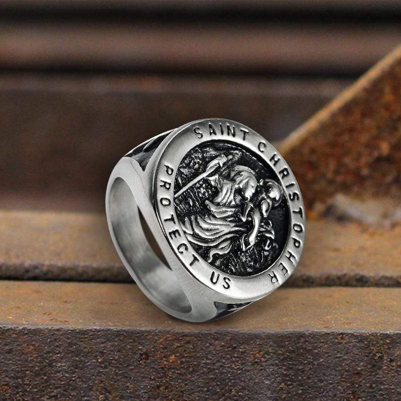 Saint Christopher Protect Us Cross Ring in Stainless Steel