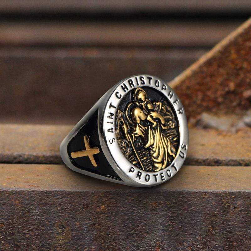 Saint Christopher Protect Us Cross Ring in Stainless Steel