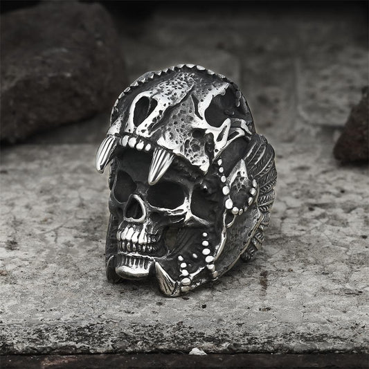 Aztec Jaguar Warrior Skull Ring in Stainless Steel