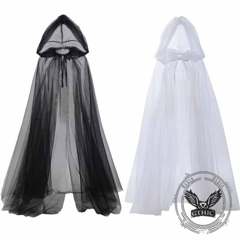 Halloween Witch Cosplay Mesh Long Hooded Cloak