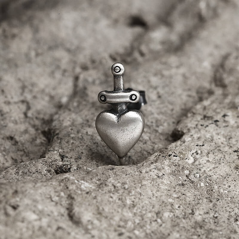 Heart-Piercing Sword Stud Earrings in Sterling Silver