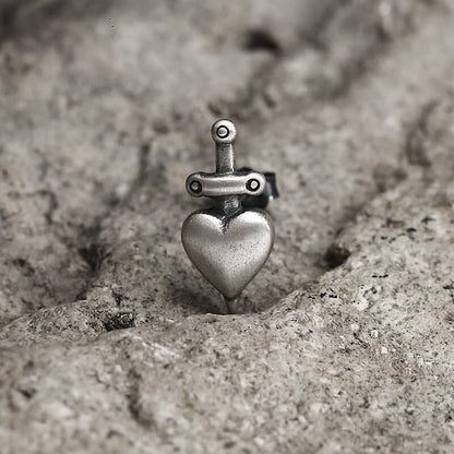 Heart-Piercing Sword Stud Earrings in Sterling Silver