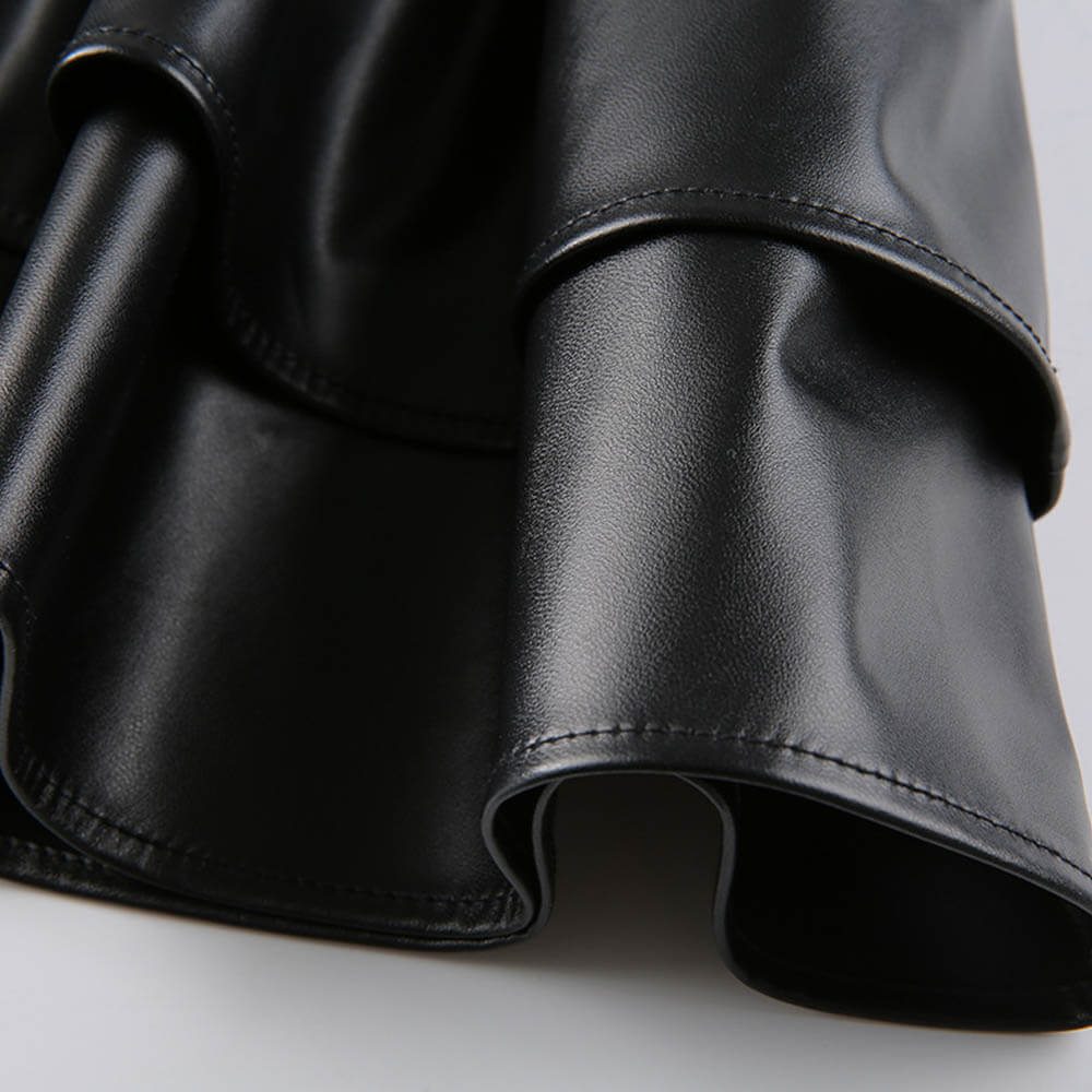 High Waist Ruffled Double Layer PU Leather Skirt