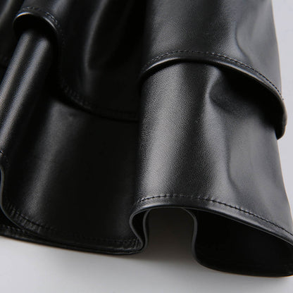 High Waist Ruffled Double Layer PU Leather Skirt
