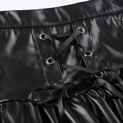 High Waist Ruffled Double Layer PU Leather Skirt