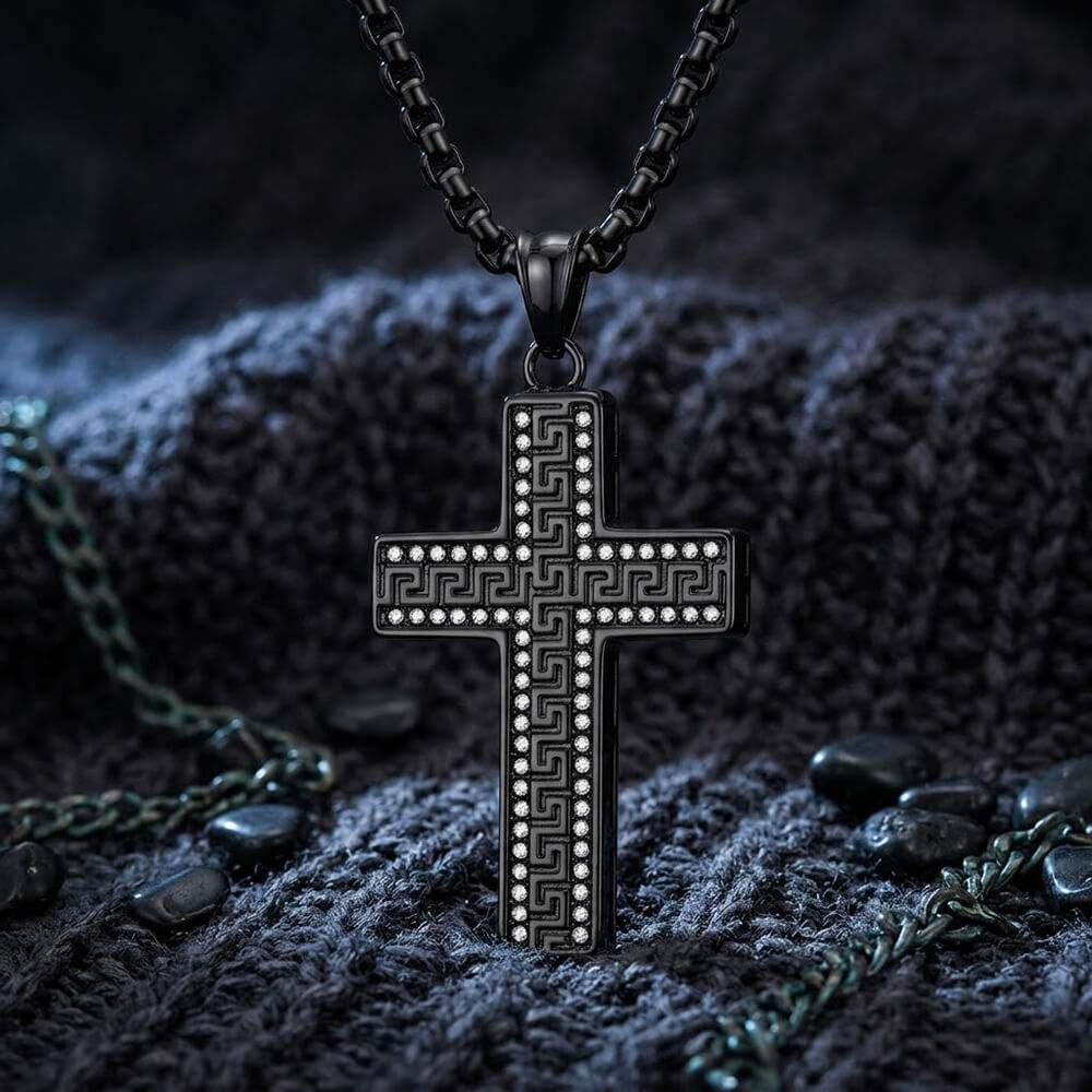 Hip Hop Great Wall Pattern Gem Cross Pendant in Stainless Steel