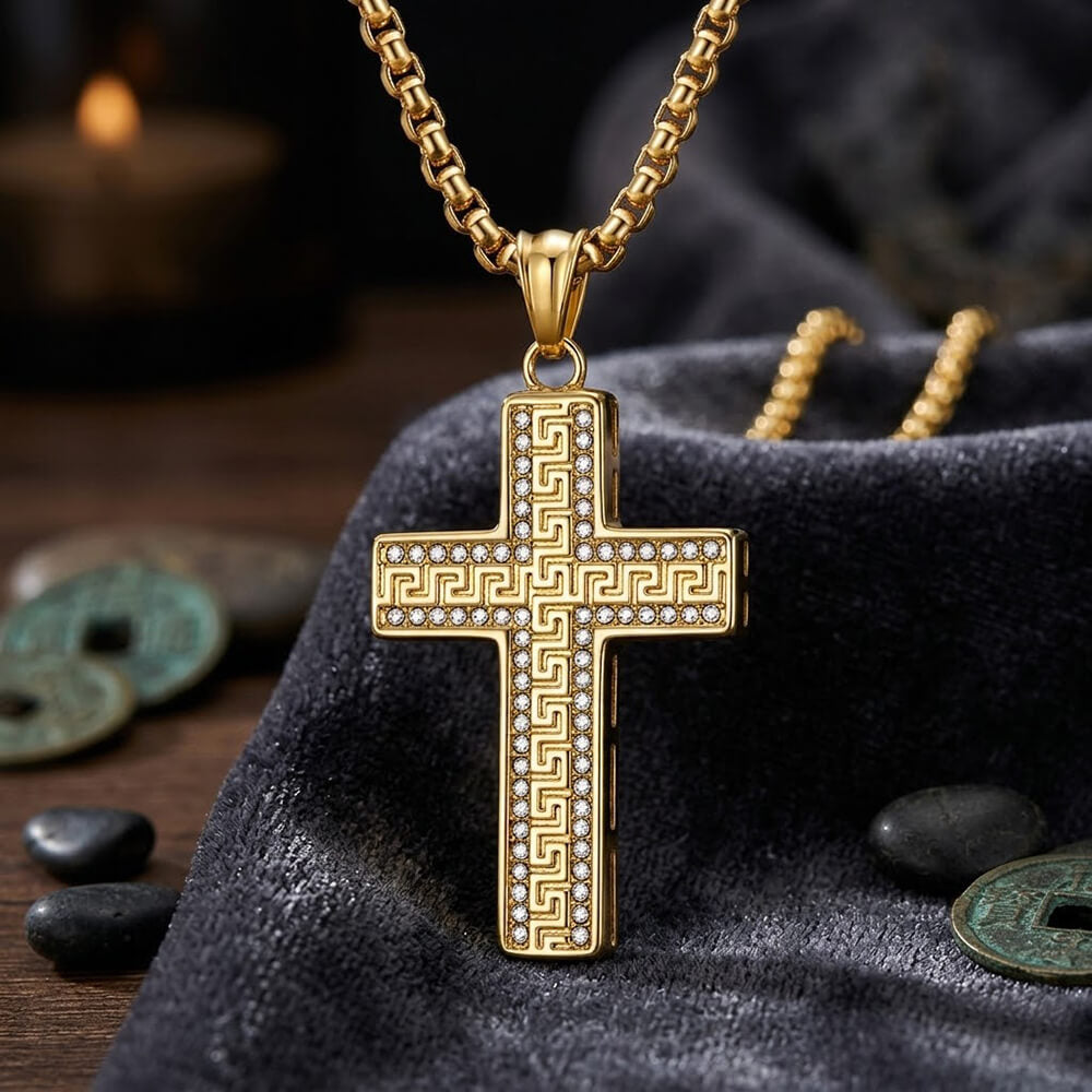 Hip Hop Great Wall Pattern Gem Cross Pendant in Stainless Steel
