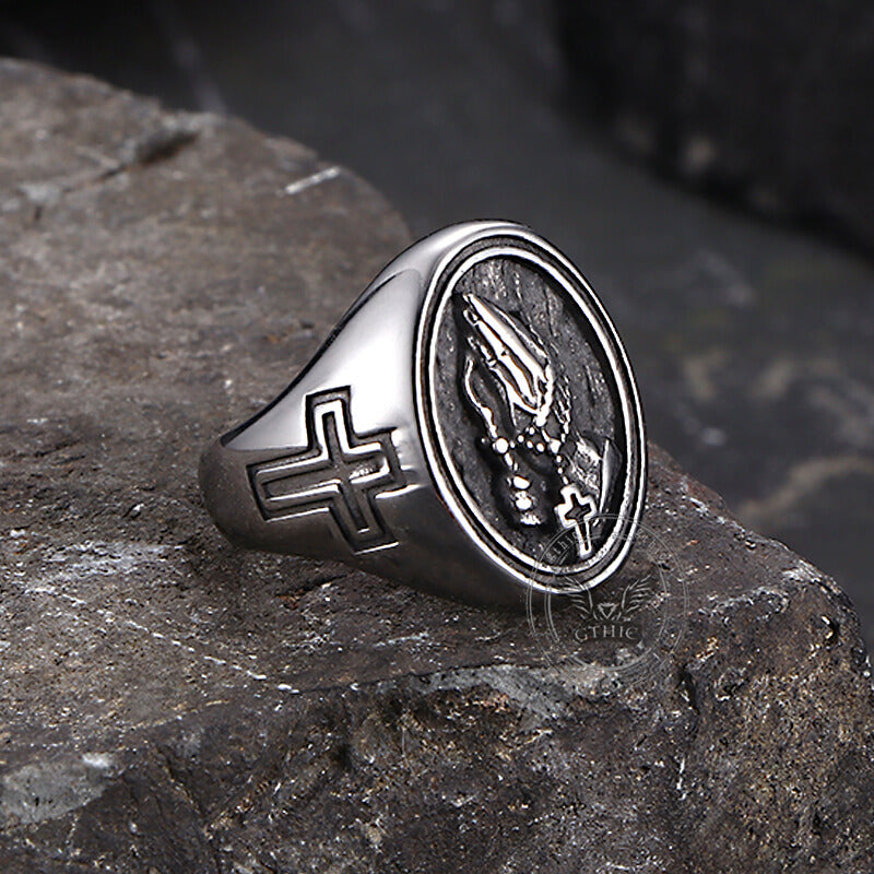 Hip Hop Praying Hands Cross Ring in Stainless Steel