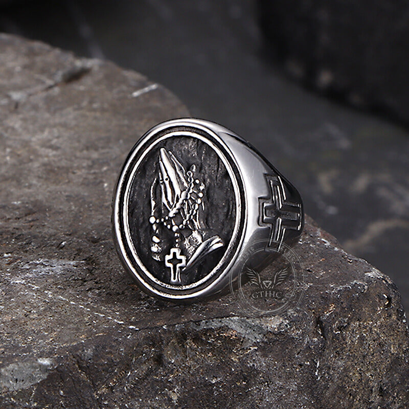 Hip Hop Praying Hands Cross Ring in Stainless Steel